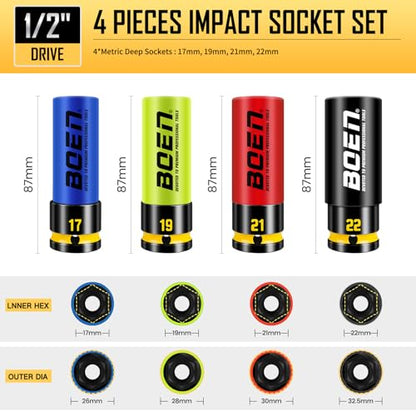 BOEN 1/2" Drive Impact Lug Nut Socket Set, 4 Pieces Non-Marring Thin Wall Wheel Protector Nut Socket, Metric (17, 19, 21, 22) mm, Color-Coded and Embossed and Painted Marking, CR-MO Steel