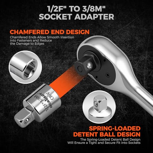 HORUSDY 1/2" Drive 90T Quick-Release Ratchet Handle, Reversible Chrome Alloy Socket Wrench with 1/2" to 3/8" Adapter, Durable and Comfortable for Automotive, DIY, Industrial and Bicycle Repairs - style: 1/2" Drive 90T