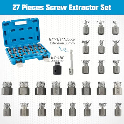 Goplus 27 Pieces Screw Extractor Set, Dual Headed Easy Out Bolt Removal Kit with 3/8" Drive, Hex Head Bolt Remover, Multi-Spline Extractors for Removing Stripped, Rusted, Damaged Screw Stud, CrMo - color: Blue