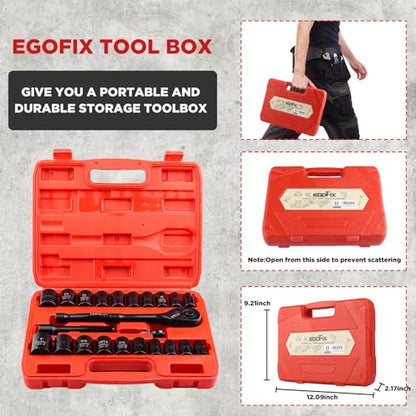 1/2" Drive Impact Socket Set, 23 Piece Metric (13-19, 21, 22, 24mm) and SAE (7/16 to 1 inch) Tool Set with 72 Tooth Reversible Ratchet, with Storage Box for Auto Repairing - style: 1/2-23PCS