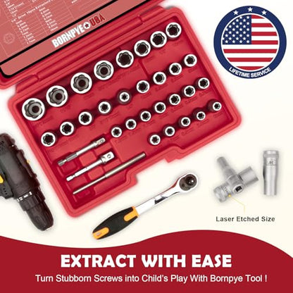 33mm Deep Reach Bolt Extractor Kit, with 3/8, 1/4 Inch Adapter, Ez Out Deep Broken Lug Nut Removal Socket Set, Easy-Out Spark Plug Remover Tool, for Stripped Rusted Bolts, Stud, Nuts Screw (32-Pieces)
