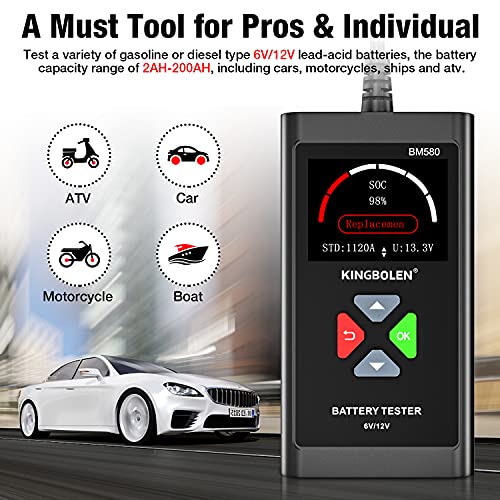 KINGBOLEN BM580 6V 12V Car Battery Tester, 100-2000CCA Voltage Tester, Precision Digital Auto Battery Analyzer, Loading/Charging/Starting System Tester for Cars SUV ATV Boats Motorcycles Vehicle