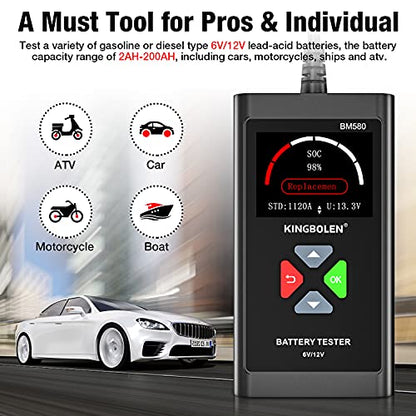 KINGBOLEN BM580 6V 12V Car Battery Tester, 100-2000CCA Voltage Tester, Precision Digital Auto Battery Analyzer, Loading/Charging/Starting System Tester for Cars SUV ATV Boats Motorcycles Vehicle
