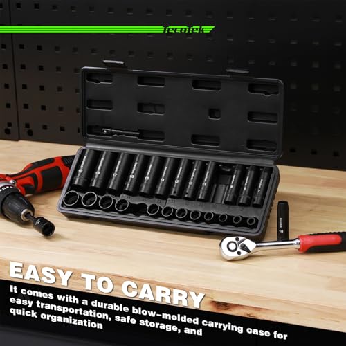 TecoTek 27 Pieces 3/8-Inch Drive 12-Point Metric Impact Socket Set, CR-V, 7mm to 19mm, Standard and Deep, 1/4"-3/8" Drill Adapter - size: 7mm-19mm(Deep & Shallow)