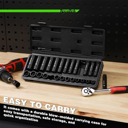 TecoTek 27 Pieces 3/8-Inch Drive 12-Point Metric Impact Socket Set, CR-V, 7mm to 19mm, Standard and Deep, 1/4"-3/8" Drill Adapter - size: 7mm-19mm(Deep & Shallow)