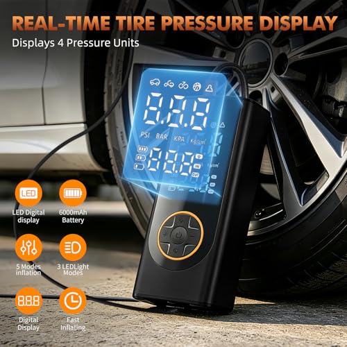 Eleanora Cordless Tyre Inflator air Compressor, Car Tire Pump 6000 mAh 150PSI 12V DC Electric Tyre Pump with LED Lights, Electric Air Pump for Vehicle Tyres/Bike/Motorbike/Ball/Inflatables