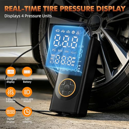 Eleanora Cordless Tyre Inflator air Compressor, Car Tire Pump 6000 mAh 150PSI 12V DC Electric Tyre Pump with LED Lights, Electric Air Pump for Vehicle Tyres/Bike/Motorbike/Ball/Inflatables