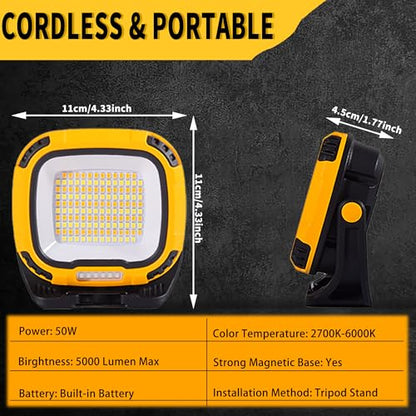 2 Pack Magnetic Work Light Rechargeable 5000 Lumens, 4 Brightness & 4 Color LED Flood Light, 36h Runtime, USB-A Output Port, Ipx4 Waterproof for Car Repair, Construction, Emergency, Garage, Hurricane