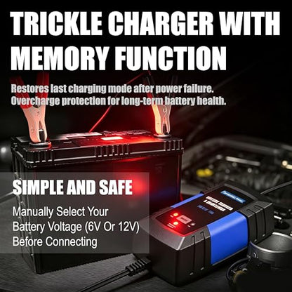 Smart Car Battery Charger,1.5A 6V/12V Maintainer,Automatic Tender Trickle Charger with Memory Function,LED Light,12FT Cables for Vehicle Lead-Acid & Lithium Batteries (Blue) - color: Blue