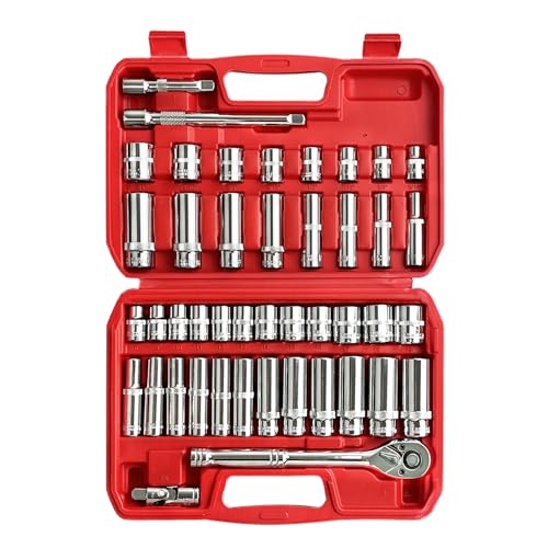 EACELIY 44pcs 3/8" Drive Impact Socket Set,Drive Master Socket Set,SAE/Metric, Deep & Shallow with 3/8" Drive Head Ratchet,Universal Joint,Extension bar (3” & 6”),6 Point,CR-V Steel，Mirror Chrome - size: 44PCS 3/8inch