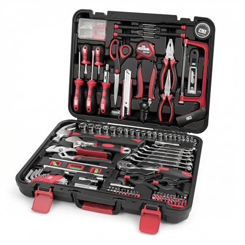 Prostormer 259-Piece Tool Kit, General Household Hand Tool Set with Plastic Storage Toolbox, Portable Complete Repair Tool Box for Home and Car (Red) - color: Red