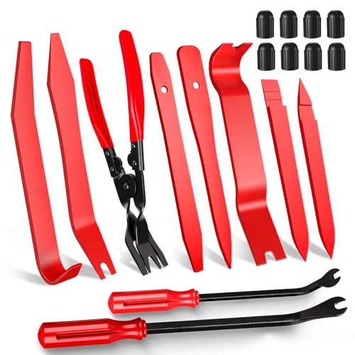 18 Pcs Auto Trim Removal Tool Kit with Non-Scratch Plastic Pry Tool Fastener Clip Pliers and Tire Caps Valve, Interior Door Panel Clip Removal Set for Vehicle Dash, Red - color: Red, size: 18 PCS