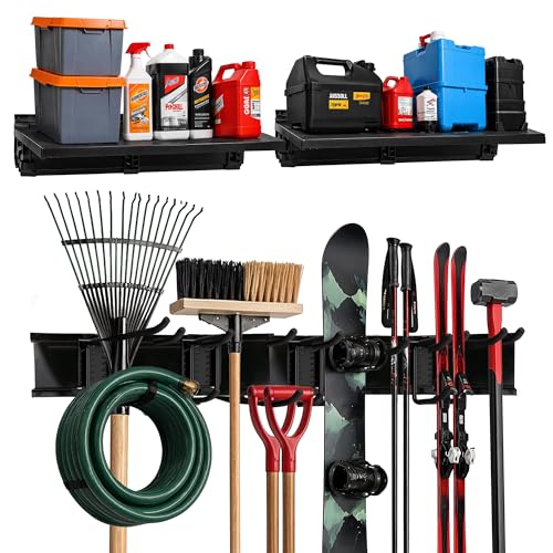 TIDYME Heavy-Duty Garage Wall Storage System | Wall Mounted Tool Organizer Rack with Shelving | 10-Piece Mounting Kit | Includes 4x10” Double-Layered Hooks & 2x16.5” Floating Utility Shelves - size: 64" (2 Shelves)