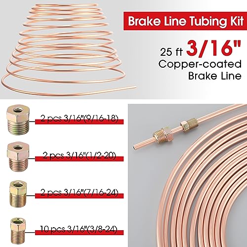 WILLBOND 25 ft 3/16" Copper Coated Brake Line Kit Tube Bender (Includes 16 Fittings and 4 Unions, 8 Nuts) Brake Line Double & Single Flaring Tool Kit