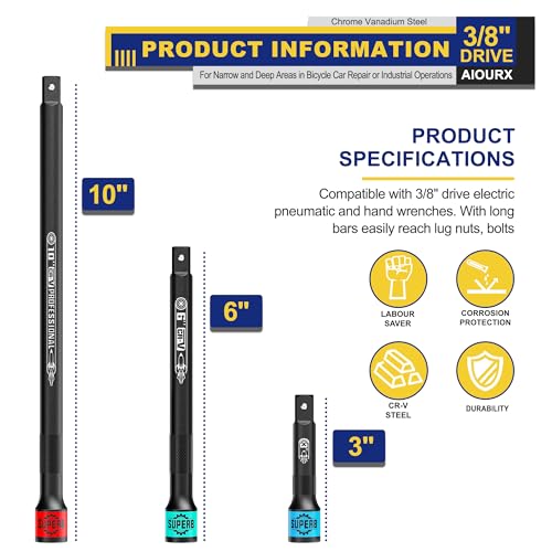 3 Pcs 3/8" Drive Impact Extension Bar Set, 3" 6" 10" Length Socket Extension, CR-V Steel, Narrow and Deep Areas in Bicycle, Automotive Repair or Industrial Operations - size: 3/8" 3-Inch 6-Inch 10-Inch