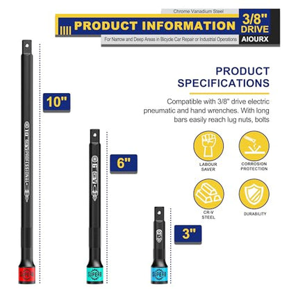 3 Pcs 3/8" Drive Impact Extension Bar Set, 3" 6" 10" Length Socket Extension, CR-V Steel, Narrow and Deep Areas in Bicycle, Automotive Repair or Industrial Operations - size: 3/8" 3-Inch 6-Inch 10-Inch