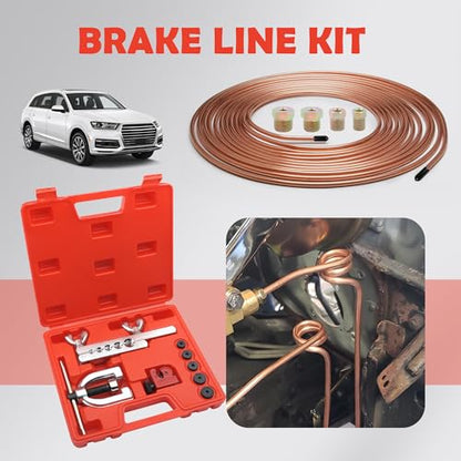 Single & Double Brake Line Flaring Tool Kit,25FT 3/16" Brake Line Kit with 16 Fittings & 5 Adapters,Copper Coated Brakes Lines Repair Kits Car Accessories for Most Vehicles