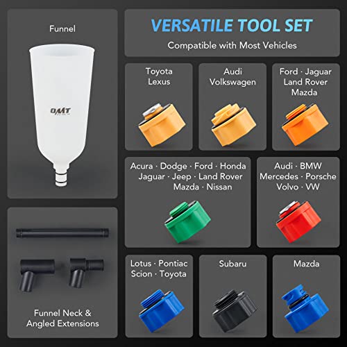 OMT Engine Oil Funnel Set, 2-Quart Spill-Free Filling Kit, 8 Adapters | Nylon & Steel Build; Flexible Extension Tube, No-Mess Refills, Coolant & Fluid Changes, Automotive Mechanics, DIY Vehicles