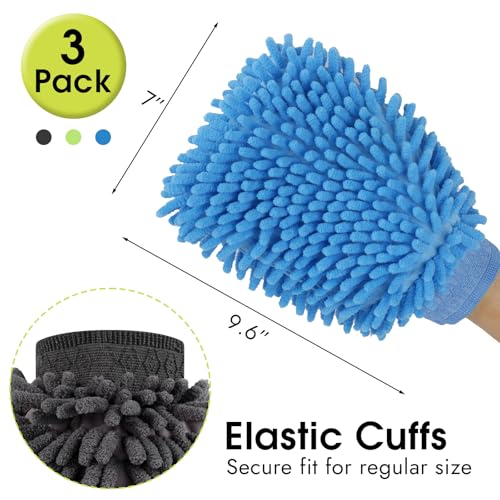 3 Pack Chenille Microfiber Car Wash Mitt, 7" x 9.6", Blue, Green, Grey | Car Washing Mitts, Home Dusting Gloves, Scratch Free Lint-Free, Highly Absorbent, Double Sided, for Cleaning Detailing Polish - color: Blue,green,grey