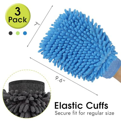 3 Pack Chenille Microfiber Car Wash Mitt, 7" x 9.6", Blue, Green, Grey | Car Washing Mitts, Home Dusting Gloves, Scratch Free Lint-Free, Highly Absorbent, Double Sided, for Cleaning Detailing Polish - color: Blue,green,grey