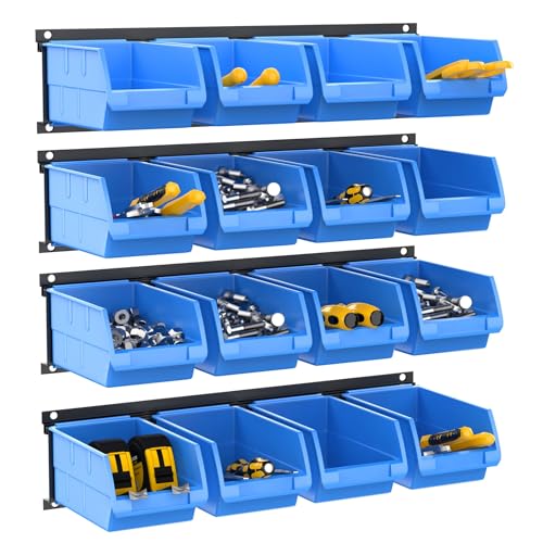 TORACK Wall-Mounted Storage Bins, 16 Plastic Bins for Tools Organization in Garage, Craft Room, and Shop(4-Pack, Blue) - color: Blue-black