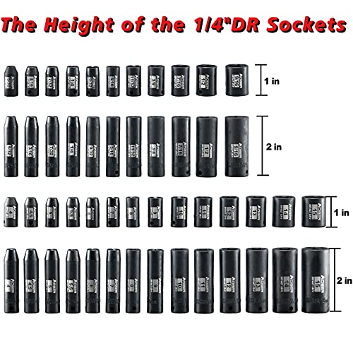 AOBEN 1/4-Inch Drive Impact Socket Set, 54 Pieces, 6 Point, SAE/Metric, (5/32" - 9/16" ，4mm -15mm)，Deep/Shallow, Cr-V Steel, Includes Extension bars and Socket Adapter - size: 1/4-Inch 54PCS