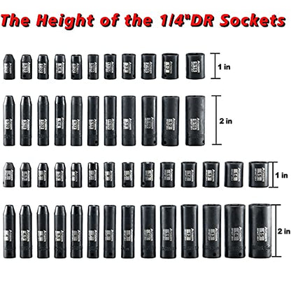 AOBEN 1/4-Inch Drive Impact Socket Set, 54 Pieces, 6 Point, SAE/Metric, (5/32" - 9/16" ，4mm -15mm)，Deep/Shallow, Cr-V Steel, Includes Extension bars and Socket Adapter - size: 1/4-Inch 54PCS