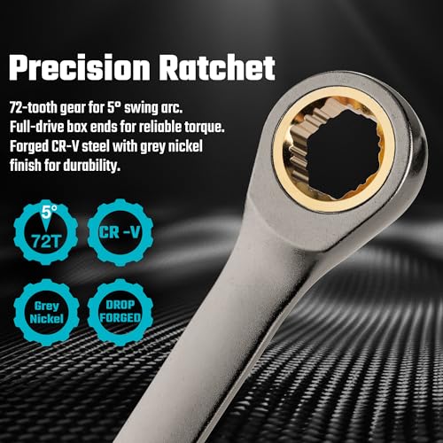 DURATECH Extra Long Anti-Slip Ratcheting Wrench Set, 9-Piece, SAE | Double Box End, 5/16", 11/32", 3/8", 7/16", 1/2", 9/16", 5/8", 11/16", 3/4", CR-V Steel, Rolling Pouch Included