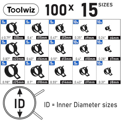 Toolwiz 100Pcs 6-25mm Spring Band Hose Clamps Assortment with Clamp Plier | Swivel Radiator Hose Clamp Pliers, Constant Tension Hose Clamp for Fuel Line, Silicone Vacuum Hose, Air Tube, Water Pipe - style: 100Pcs Spring Clamps with Plier