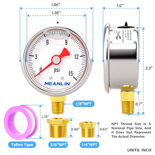 MEANLIN MEASURE 0~15Psi Stainless Steel 1/8" NPT 1.5" FACE DIAL, Glycerin Filled Pressure Gauge, Liquid Filled, Water Oil Air, Lower Mount, with 1/4" NPT and 3/8" NPT Hex Bushing - size: 0-15Psi