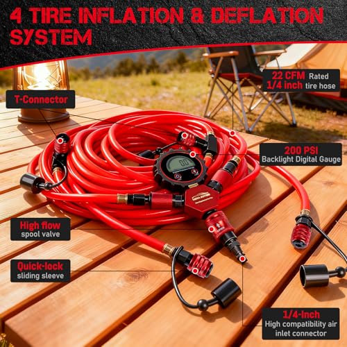 4 Tire Inflation Deflation System W/300PSI Digital Pressure Gauge | Fits up to 200" Wheelbase, Plastic Carry Box & Heavy Duty Hoses, Fits Truck, Car, Trailer, Motorcycle Offroad Vehicles, Red - color: Red