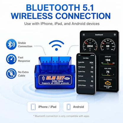 OBD2 Scanner Bluetooth 5.1 Adapter for iPhone & Android, OBDII Car Diagnostic Code Reader for 12V Gas Cars, Check Engine Light Reader with Live Data, VIN, RPM, Coolant Temp, YMOBD App - color: blue