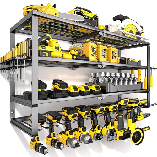 YYR Large Power Tool Organizer Wall Mount, Heavy Duty Metal Cordless Drill Storage Rack with Battery Charging Station Shelf, Utility Racks for Garage Organization, 4 Layer 10 Drills Holder Extra Tall - size: 4 Layer 10 Drills Holder Extra Tall