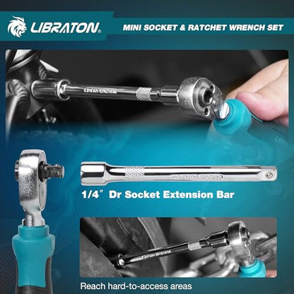 LIBRATON 1/4" Drive Mini Socket & Ratchet Wrench Set with Bits, 4-13mm Shallow Sockets, Magnetic Driver Handle, Extension Bars & Universal Joint, with Storage Case for DIY, Auto Repair