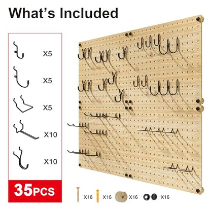 VOIMO Bamboo Pegboard Wall Organizer, 4 Panels, 16 x 12 in, 35 Hooks | Wall-mounted storage for tools, craft supplies, office essentials, kitchen accessories, and small hardware for garage use - size: 16'' X 12'' (4 Panels)