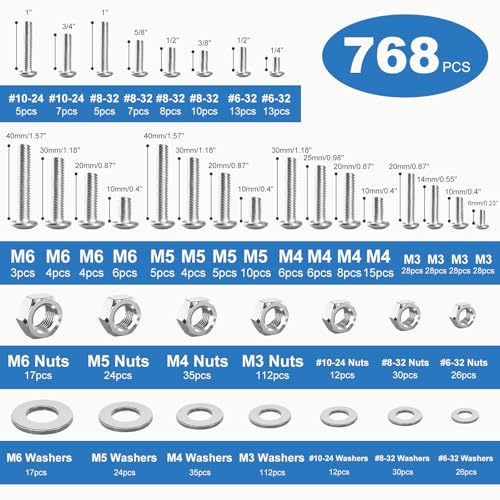 768PCS Nuts and Bolts Assortment Kit, M3 M4 M5 M6#6-32#8-32#10-24 Phillips Head Machine Screws Assorted Set with Storage Case, Metric SAE Bolts Nuts and Flat Washers Kit - size: 768PCS-M3 M4 M5 M6 #6 #8 #10