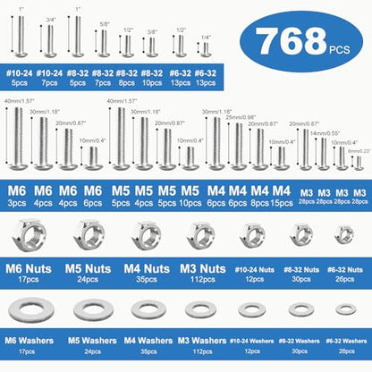 768PCS Nuts and Bolts Assortment Kit, M3 M4 M5 M6#6-32#8-32#10-24 Phillips Head Machine Screws Assorted Set with Storage Case, Metric SAE Bolts Nuts and Flat Washers Kit - size: 768PCS-M3 M4 M5 M6 #6 #8 #10