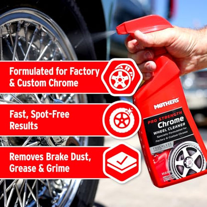 Mothers Pro-Strength Chrome Wheel Cleaner, 24 oz. (05824) | Safely Cleans Chrome & Roughcast Aluminum Mag Wheels, Removes Brake Dust, Grease, Dirt & Grime with Easy Spray-On, Hose-Off