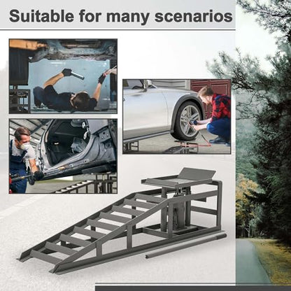 2 Pack Hydraulic Car Ramps 5 Ton 11000LB Capacity, Low Profile Vehicle Service Ramps with Hydraulic Jack, Heavy Duty Steel Car Lift Ramps for Truck Trailer Garage Maintenance (Gray, 11.61" - 16.21") - color: Gray