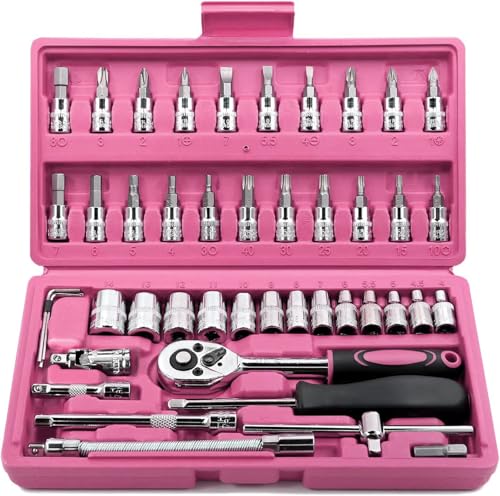 Egofine 46 Pieces 1/4 inch Drive Socket Ratchet Wrench Set, with Bit Socket Set Metric and Extension Bar for Auto Repairing and Household, with Pink Storage Case - style: 1/4" 46 PCS-Pink