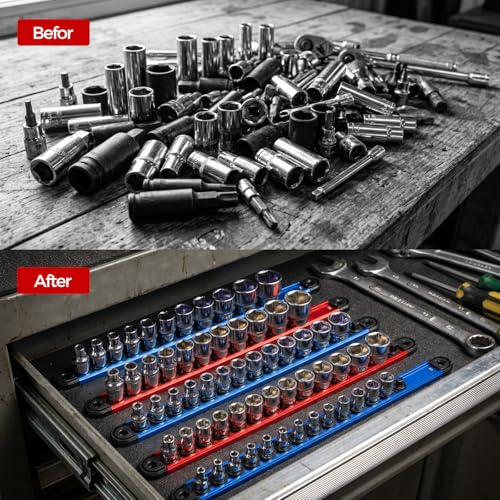 6PC Magnetic Socket Organizer Set, 1/2" 3/8" 1/4" Drive | Aluminum Alloy Socket Holder with Removable Socket Clips for Quick Customization, Socket Rail for Tool Box Drawer