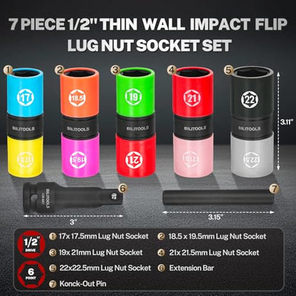 BILITOOLS 5pcs Half Size Flip Socket Set, 1/2" Drive Lug Nut Socket Set | CR-MO Steel, 5 Dual-End Flip Sockets 17/17.5-22/22.5mm, for Swollen Lug Nuts, Non-Marring Sleeves, Ext Bar & Knockout Rod - style: Half Size Metric (0.5mm Increment)