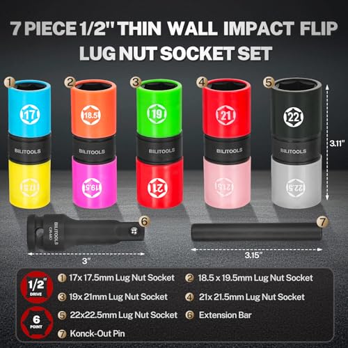 BILITOOLS 5pcs Half Size Flip Socket Set, 1/2" Drive Lug Nut Socket Set | CR-MO Steel, 5 Dual-End Flip Sockets 17/17.5-22/22.5mm, for Swollen Lug Nuts, Non-Marring Sleeves, Ext Bar & Knockout Rod - style: Half Size Metric (0.5mm Increment)