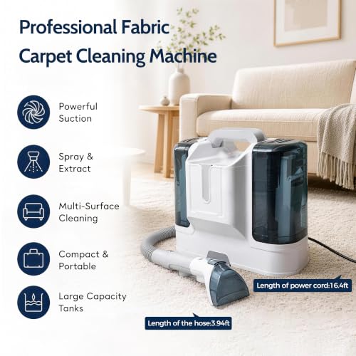 Portable Carpet Cleaner Machine,16Kpa Power Suction with Tools for Pets | Mini Fabric Spot Wet Vacuum for Rugs,Couch and Sofa,Car and Seat Furniture, Handheld Small Water Deep Extractor Washer