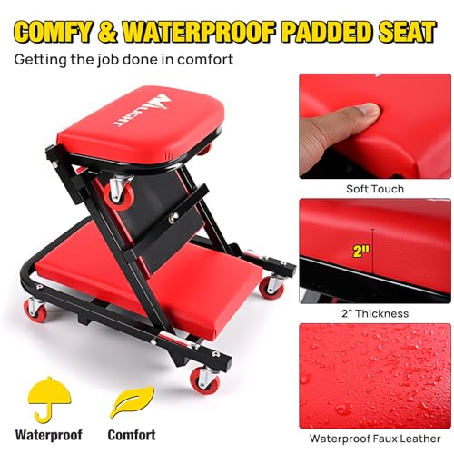 Nilight 40" Z Creeper - 2-in-1 Folding Rolling Mechanic Seat, 40 inches Adjustable Lay-Down or Sit Garage Chair, 330 lbs Capacity, Red Black - color: Red
