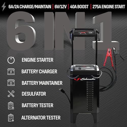 Schumacher Electric Wheeled Automatic 6A Car Battery Charger and 275A Engine Starter, 6-in-1 Solution, Maintainer, 40A Boost, for 6V/12V Power Sport, Automotive, and Marine Batteries, SC1326 - style: 125/275A