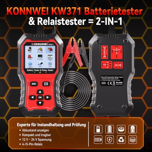 KONNWEI KW371 6V/12V/24V Battery Tester & 4/5Pin Relay Tester 2 in 1 | battery tester automotive with cranking & charging load test, 4/5-pin relay tester, CCA 10-2000, No batteries required. - size: 7.68*3.74*2.17 inch