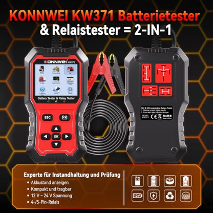 KONNWEI KW371 6V/12V/24V Battery Tester & 4/5Pin Relay Tester 2 in 1 | battery tester automotive with cranking & charging load test, 4/5-pin relay tester, CCA 10-2000, No batteries required. - size: 7.68*3.74*2.17 inch