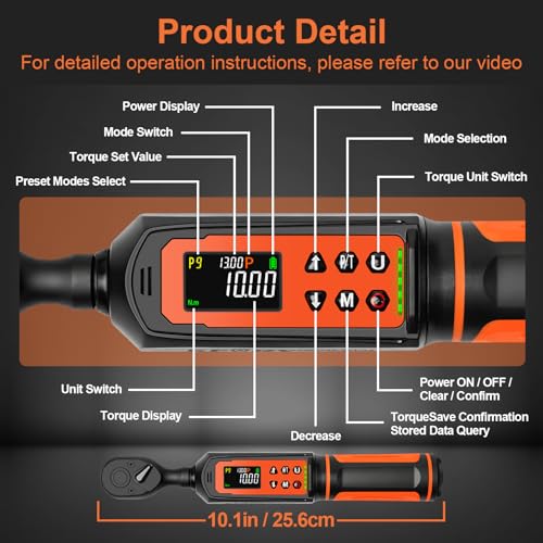 Kerry 3/8 Inch Drive Digital Torque Wrench 0-44.25ft.lb, ±2% High Accuracy | Five Units of Measure,LED and Buzzer Notification, Easy to Read and Operate, 72 Tooth for Bike Motorcycle - size: 3/844ft.lb