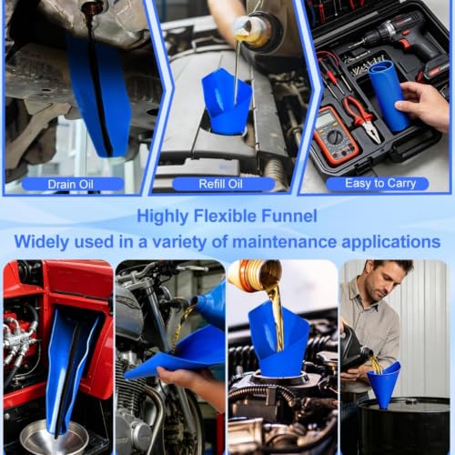 Flexible Oil Funnels Reusable Form a Foldable Moldable Change Draining Tool | Spill-Free Oil Change Tools Catch Pan Funl for Automotive Use Cars Motorcycles Mechanic Blue ﻿